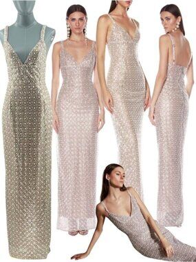 🆕 BRONX & BANCO 🧿 NWOT Allegra Silver Sequin & Beaded Maxi Dress, Sz XS US 2